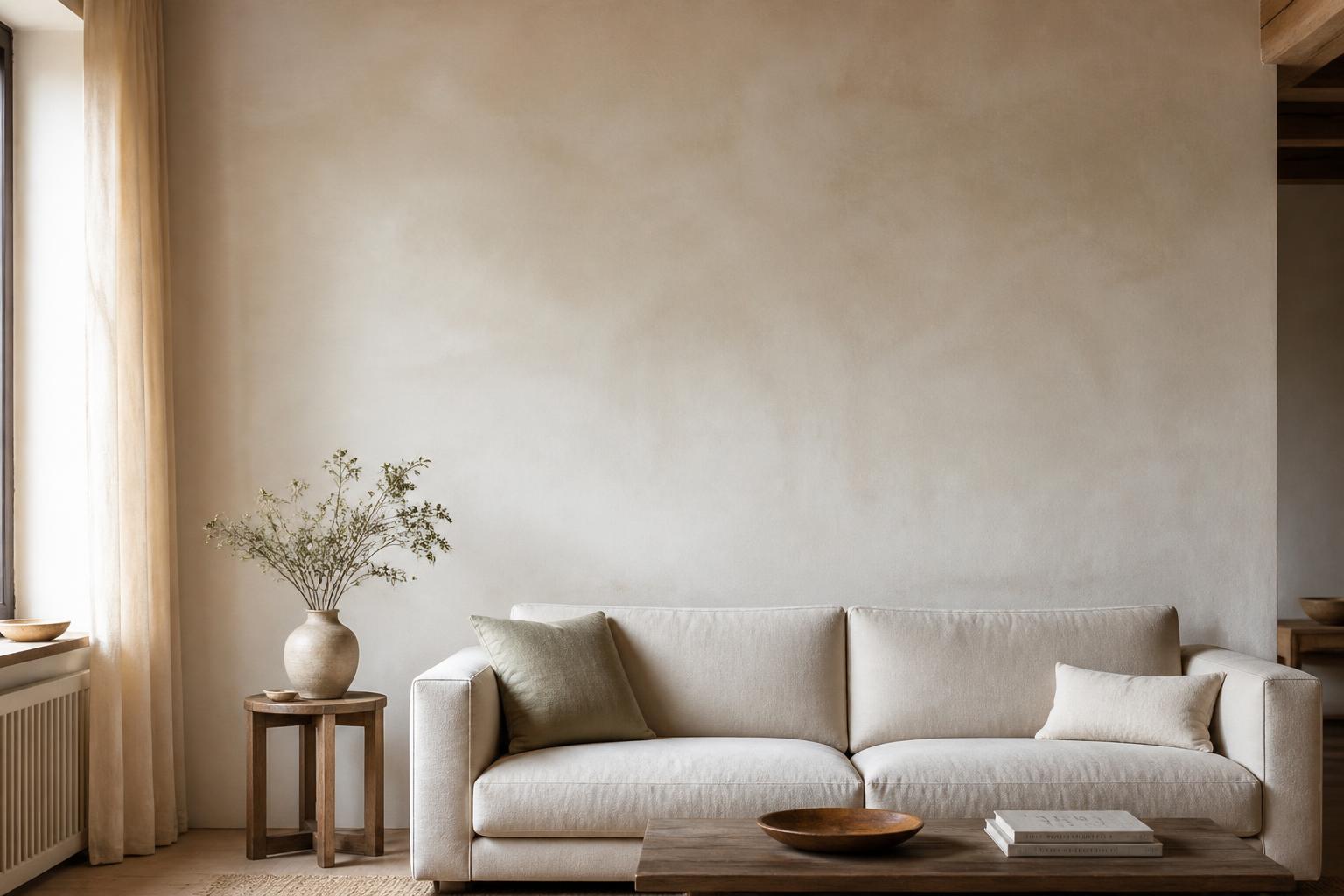 A calm room with an empty wall above a sofa